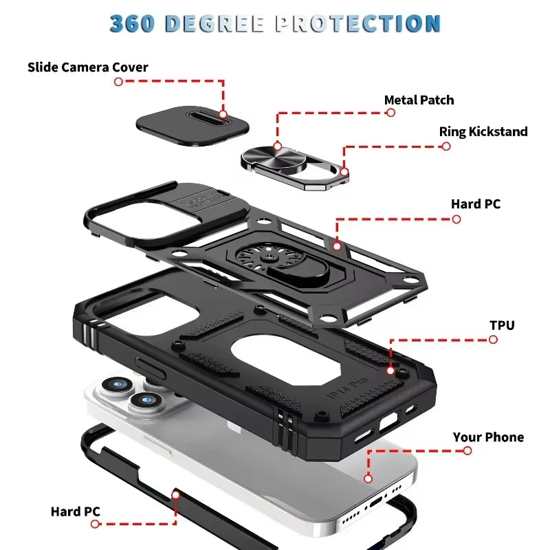 Case for Iphone 17 16 15 14 Pro Max 13 12 Pro plus XR 360 Full Body Rugged Protective Slide Camera Stand Protection Ring Cover