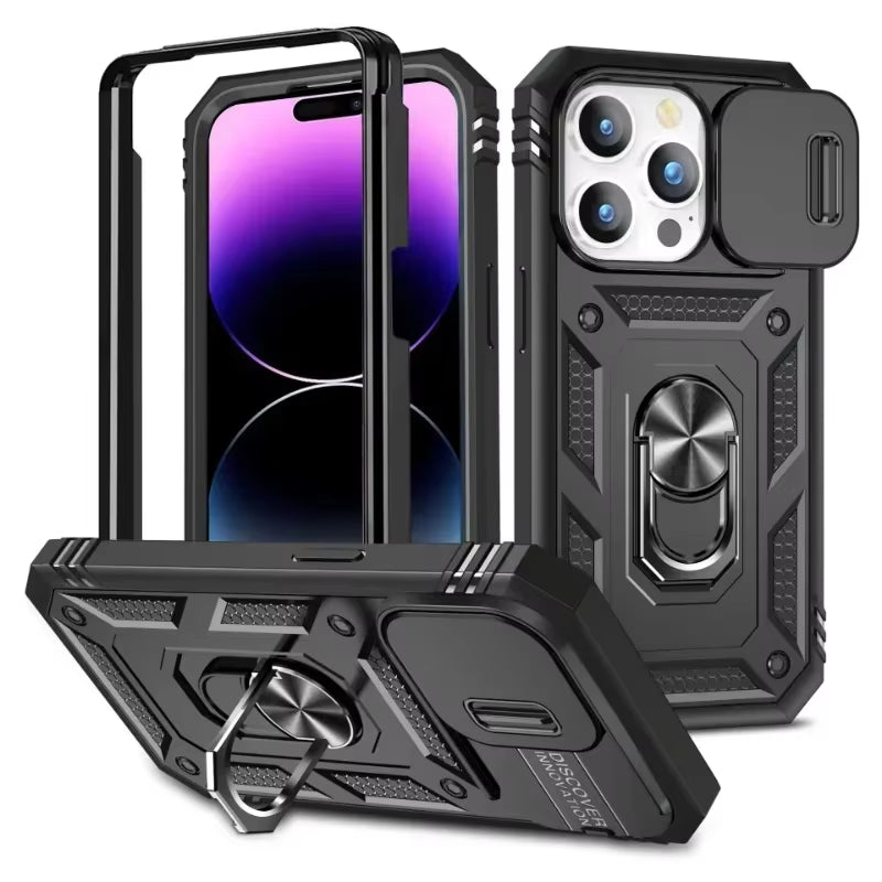 Case for Iphone 17 16 15 14 Pro Max 13 12 Pro plus XR 360 Full Body Rugged Protective Slide Camera Stand Protection Ring Cover